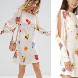 Free People Cream Floral Mini Dress with Cutout Sleeves